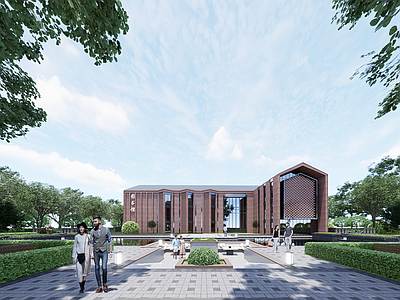 现代红砖风格图书馆建筑
