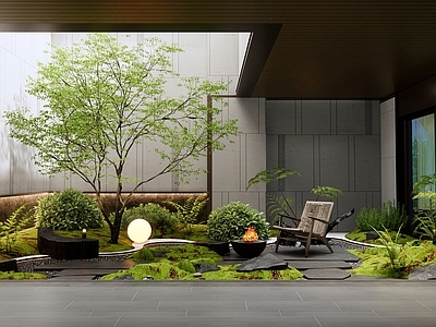 现代庭院景观 下沉 天井 造景 植物 灌木 植物堆