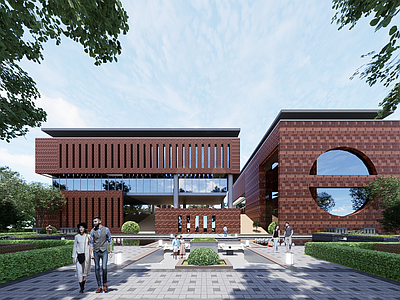 现代红砖图书馆建筑 学校