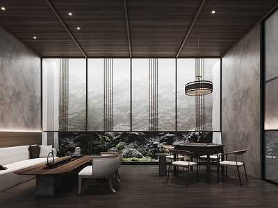 新中式棋牌室 茶桌椅组合 麻将室 屏风隔断 植物小景 石头背景墙