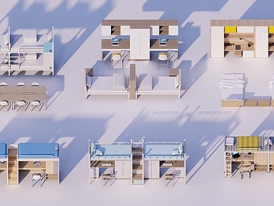 现代双层床 学生宿舍 寝室 公寓 学生床 书桌椅 高低床 上下铺 高低床