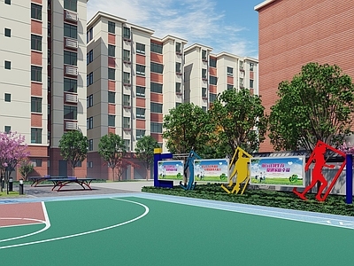 现代小区景观 宣传栏 廊架 儿童区 篮球场 乒乓球桌 住宅景观