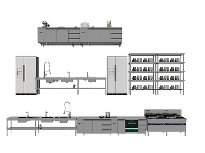 现代后厨设备 厨房用品组合 厨房后厨 后厨操作台