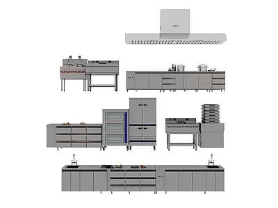 现代后厨设备 厨房用品组合 厨房后厨 后厨操作台