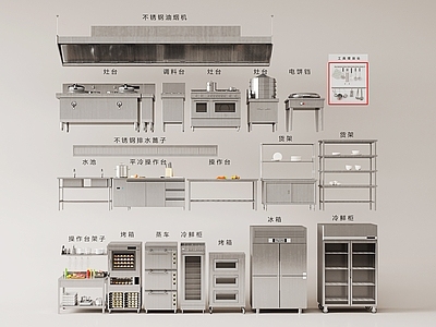 现代后厨设备组合 中央厨房不锈钢 冷藏柜 蒸箱烤箱 水池 灶台 操作台