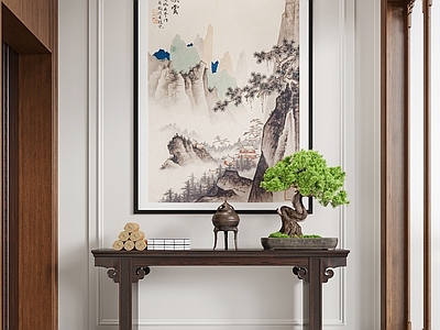 新中式玄关 端景条案 入户玄关 端景台 香炉 盆栽盆景 装饰画 饰品摆件