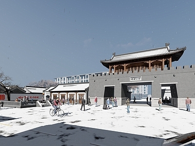 中式古镇广场景观 古建筑大门 古街小镇门楼