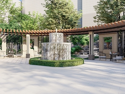 现代小区景观 廊架 喷泉 住宅景观