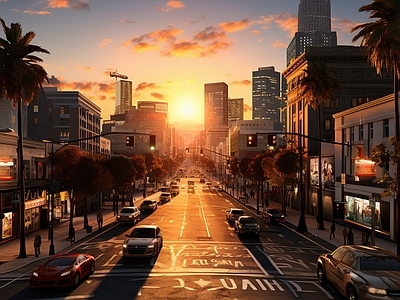 城市街道黄昏外景贴图