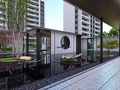 新中式小区景观 风格 水景廊架 户外景墙  住宅景观