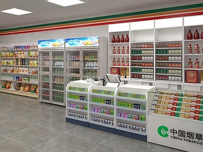 现代便利店 收银台 烟酒柜 雪糕柜 货架 烟酒 零食 便民便利店 超市 生活用品区