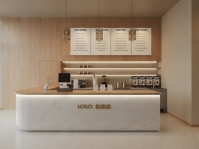 现代奶油原木风奶茶店 桌椅组合 吧台 咖啡机组合
