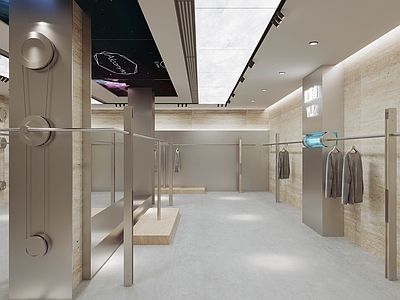现代服装店 不锈钢墙饰装置 服装道具 洞石岩板墙 轨道