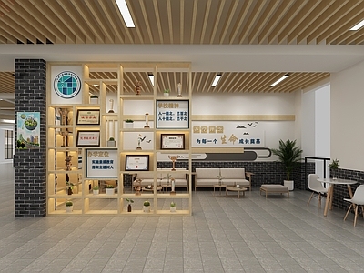 现代校园休闲大厅 装饰柜 绿植 装饰品 沙发茶几组合 休闲桌椅组合