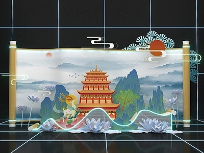 其他娱乐空间 国潮 中式 美陈 卷轴 荷花 塔 假山 拍照打卡