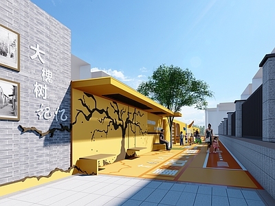 现代小区景观 文化墙 健身场地 景墙 大树 运动健身区
