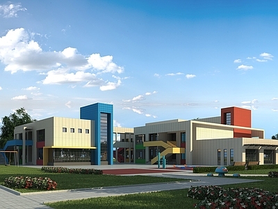现代幼儿园建筑 学校外观 学校幼儿园 平顶