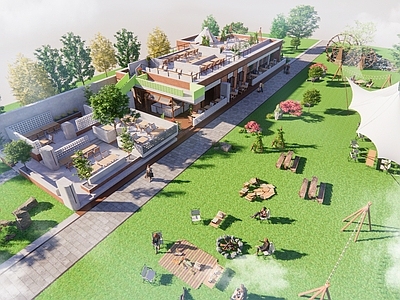 现代餐饮建筑 露营地 外摆 帐篷