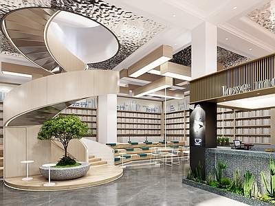 现代图书馆内部 书吧 书店 阅读台阶 咖啡馆 旋转