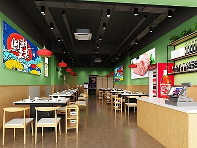 现代主题火锅店 餐饮店 火锅桌椅 收银台 火锅店