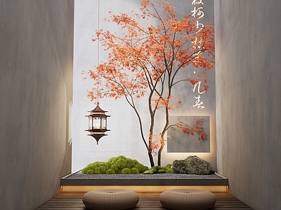 日式红枫景观造景 庭院小品 苔藓 吊灯 玄关造景