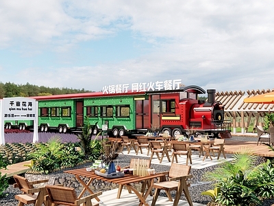 现代火车车厢餐厅外摆 户外餐饮空间 露营庭院花园 小火车
