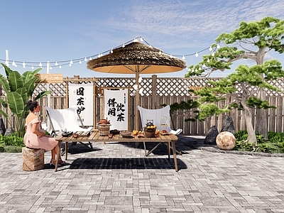 现代露营外摆 庭院花园 围炉煮茶 松树 露营打卡点 围栏 网红营地 露营设备 草亭 户外桌椅