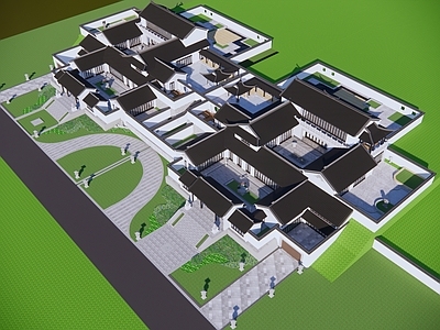 新中式住宅建筑 合院建筑 带水景花园