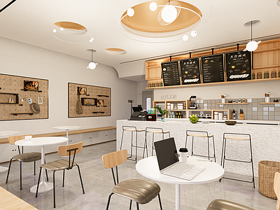 现代奶油风奶茶店 甜品店 水吧 座凳 篓子 网红打卡店