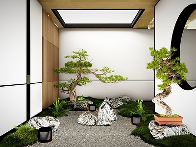 新中式室内景观造景 庭院小品 植物组合 石头 鹅卵石 植物堆 枯山水 室内造景