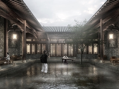 新中式四合院古建茶室庭廊 院落民宿建筑 四合院茶室古建筑庭院院落