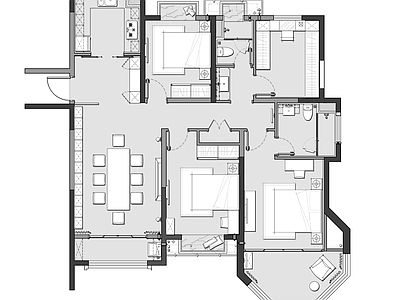 120㎡三居室家装室内 施工图 平层