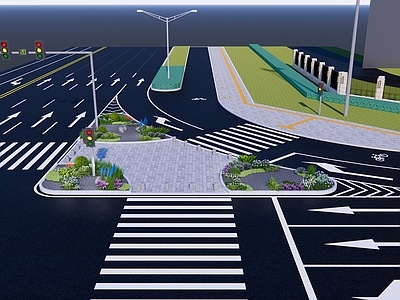 现代道路 三角岛 交通岛 绿化组团 花镜 观赏组团 花池 绿化带 搭配