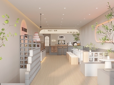 现代奶油风奶茶店 网红打卡 卡座 水泥砖屏风隔断 日落灯 雕塑玩偶摆件 单层 休息区 收银前台
