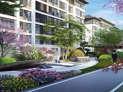 现代小区宅间景观 异型水景 特色廊架 住宅景观