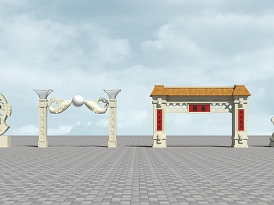 中式入口大门 鱼街 大门 小品