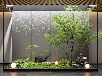 现代室内景观造景 小品 植物组合 石头 鹅卵石 植物堆 枯山水