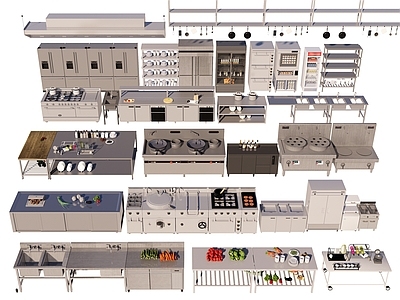 厨具 食堂后厨 厨房操作台 烧烤架 洗菜池 消毒柜 冰箱 灶台 厨房