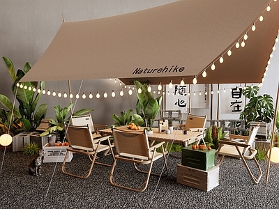 现代露营外摆 露营帐篷 户外咖啡厅 植物堆 景观小品 球灯 绿植
