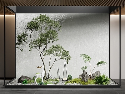 现代室内景观造景 小品 植物组合 植物堆 枯山水