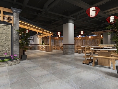 中式风火锅店 吊灯 装饰 书架 储物柜 餐桌椅 摆件