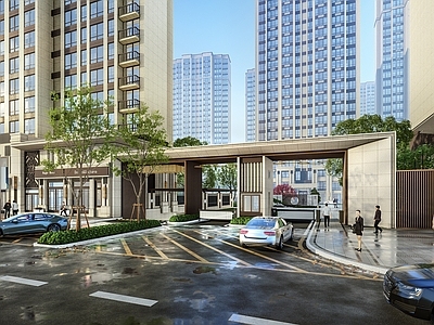 新中式住宅入口大门 构筑 车行入口 人车分流