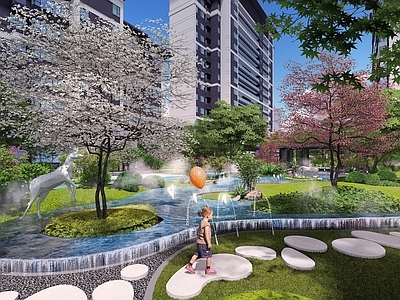 新中式小区中央景观区 景观亭 水景 住宅景观