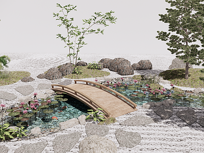 新中式拱桥 池塘 金鱼 庭院小桥 木材