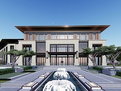 新中式新亚洲售楼处会所建筑新中式水景售楼处景观