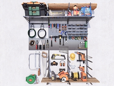 现代工具墙 五金工具 螺丝刀 锯子扳手 铲子锤子 钳子电钻 安全帽