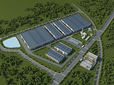 现代工业厂房鸟瞰 厂区办公楼 宿舍楼 停车棚 烟囱 铁艺围栏
