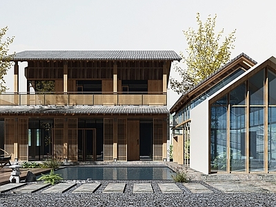 新中式民宿庭院景观 自建房民宿庭院 景观小品