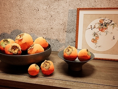 柿子水果果盘 柿子装饰盘 装饰画