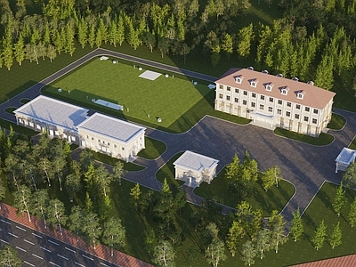 欧式水站厂区建筑鸟瞰